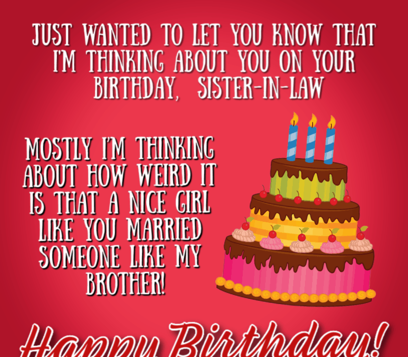 Samo sam te htio obavijestiti da sam'm thinking about you on your birthday, sister-in-law. Mostly I'm thinking about how weird it is that a nice girl like you married someone like my brother!